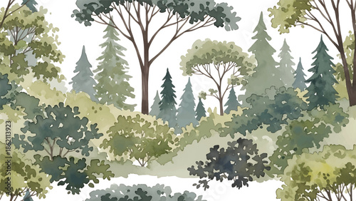 Modern vector watercolor-style seamless forest and nature wallpaper with diverse tree species and layered foliage, rich botanical landscape background for decor and textiles