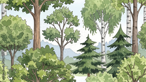 Modern vector watercolor-style seamless forest and nature wallpaper with diverse tree species and layered foliage, rich botanical landscape background for decor and textiles