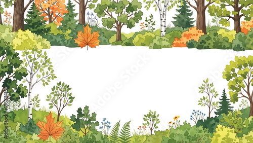 Modern vector watercolor-style seamless forest and nature wallpaper with diverse tree species and layered foliage, rich botanical landscape background for decor and textiles