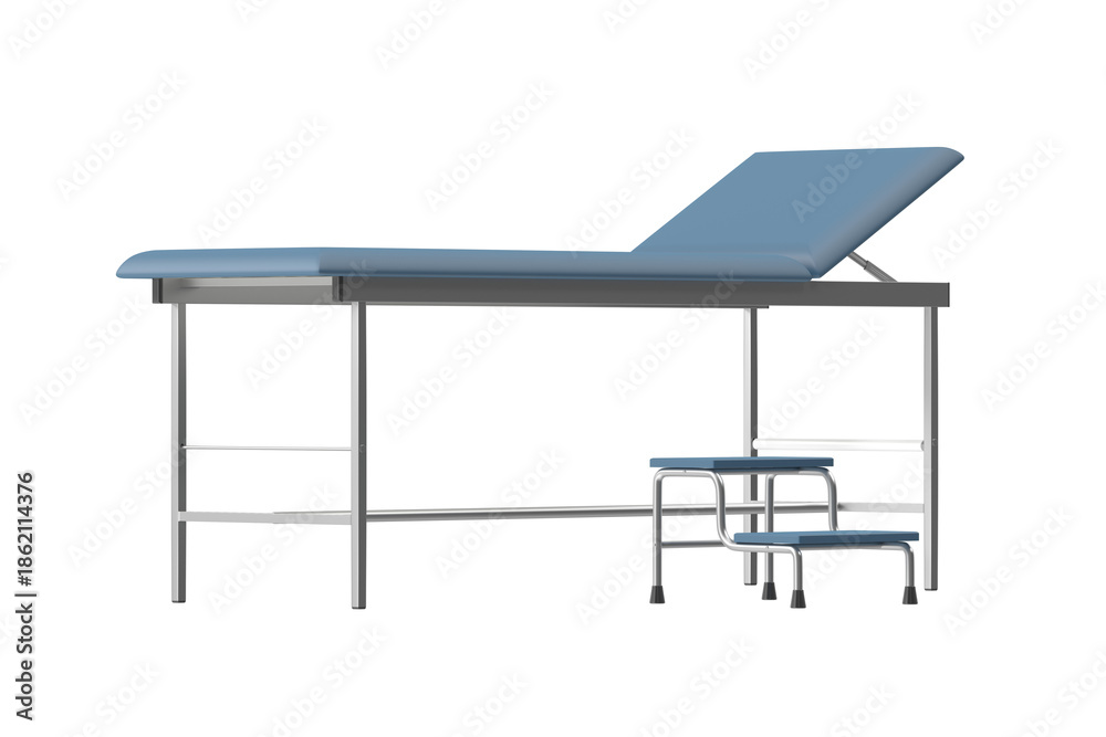 Fototapeta premium Medical examination table with adjustable backrest and step stool on white background
