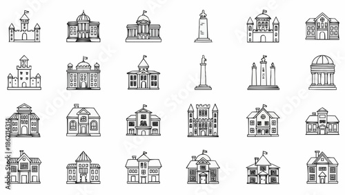 Collection of Hand Drawn Architectural Building Icons Representing Government and Public Institutions.