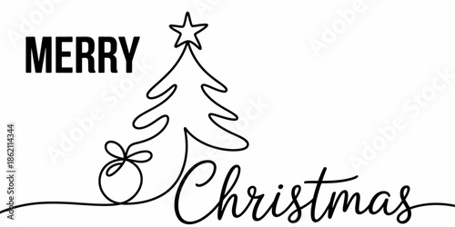 One line drawing of a minimalist Christmas tree with ornament and Merry Christmas script typography