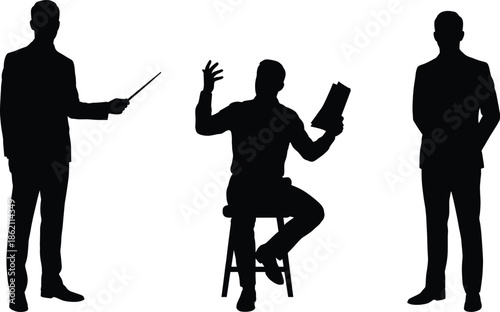 Business people silhouettes communicating and presenting ideas, professional teamwork discussion scene isolated on white background, leadership, strategy, corporate concept illustration