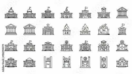 Collection of Government Buildings and Public Institutions Icons.