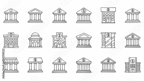 Collection of Hand Drawn Bank Buildings and Financial Institutions.