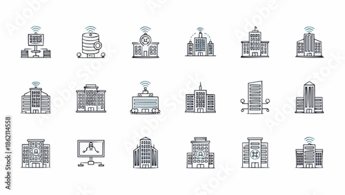 Collection of Various Building Icons Representing Different Institutions.