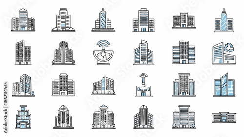 Collection of Diverse Building Icons Representing Architecture and Cityscapes.