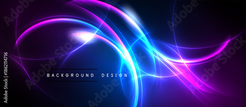 Abstract neon swirls, vibrant blues, pinks dominate dark background. Modern design elements create dynamic visual impact.
