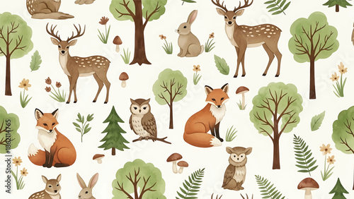 Modern vector watercolor-style seamless woodland wallpaper with forest animal among trees, playful nature background for decor and textiles