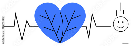 Wellness concept. Blue heart symbol connected to ECG line and happy face, mental health and wellness. Wellness for healthcare, mindfulness, and medical apps