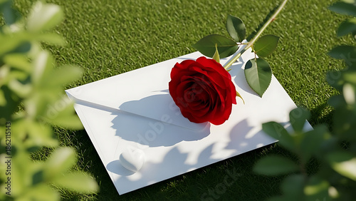 Romantic red rose on a white envelope on green grass