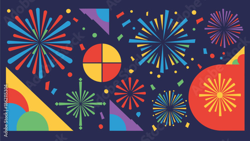 A vibrant, abstract illustration of colorful fireworks and geometric shapes on a dark blue background, evoking a festive celebration.