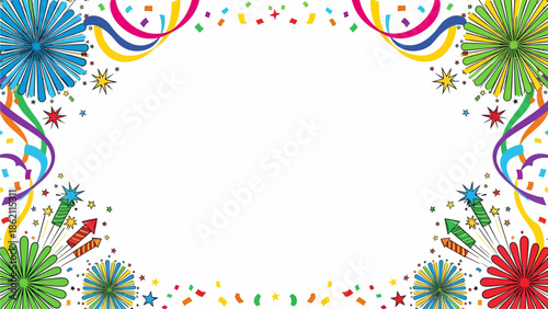 A vibrant and colorful festive border with confetti, streamers, paper flowers, and firecrackers surrounding a white oval space.