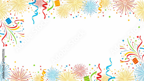 Vibrant festive border with colorful fireworks, confetti, and streamers on a white background, perfect for celebrations and events.