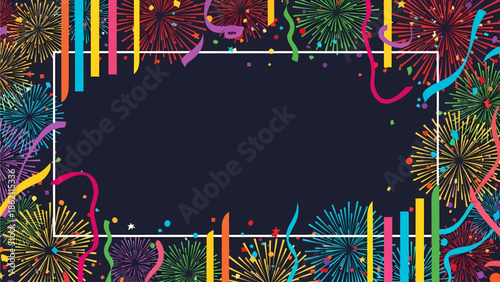 A festive dark blue frame surrounded by colorful fireworks, confetti, and streamers, perfect for celebrations.