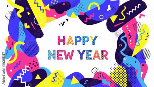 Vibrant abstract Happy New Year greeting card design with colorful geometric shapes and squiggles framing the text on a white background.