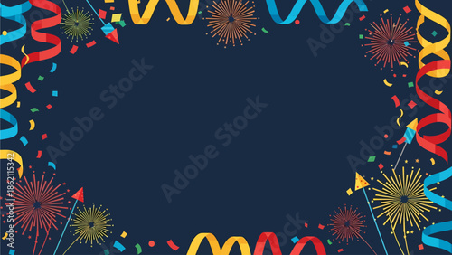Festive dark blue background with colorful party streamers, confetti, and fireworks creating a celebratory border.