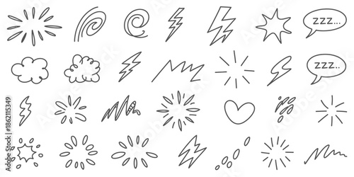 Hand-drawn creative doodle symbols for comics and note-taking, featuring lightning, clouds, and abstract expressional icons
