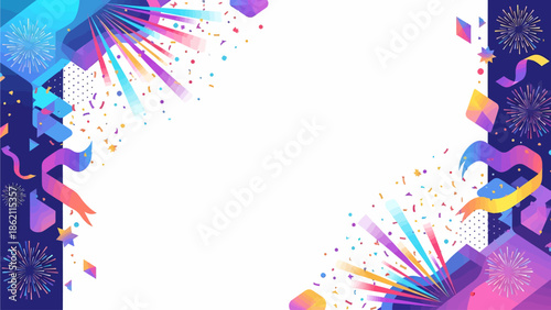 Vibrant festive background with colorful geometric shapes, ribbons, confetti, and fireworks, creating an energetic celebration frame.