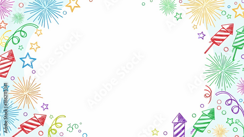 Colorful doodle fireworks, stars, and streamers forming a festive border on a light blue background.