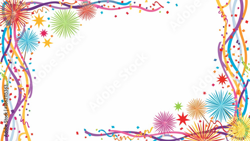 Colorful festive border with confetti, stars, and fireworks on a white background, perfect for celebrations and parties.