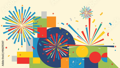 Vibrant abstract illustration with colorful geometric shapes and stylized fireworks exploding against a light background, conveying celebration and festivity.
