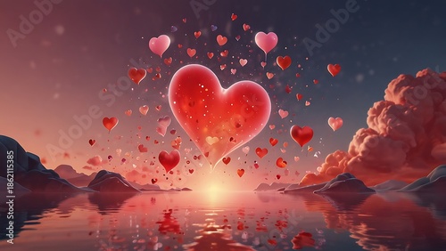 A romantic Valentine greeting card illustration featuring a red heart shape reflected in water under a pink light night sky symbol of love and celebration design