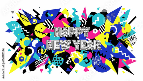 Vibrant abstract graphic design with 'HAPPY NEW YEAR' text, featuring a chaotic mix of colorful geometric shapes and patterns, creating a festive and modern celebration background.