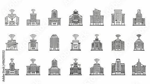 Collection of Architectural Buildings with Wi-Fi Symbols.