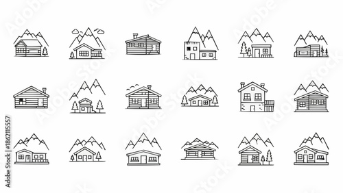 Collection of Mountain Cabin and House Line Art Icons.