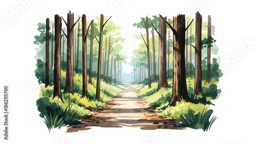 Modern vector watercolor-style nature wallpaper with forest trail leading into distance, inviting woodland landscape background ideal for wall decor and branding