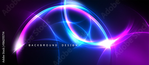 Abstract neon lights create dynamic curves, vibrant colors. Dark background emphasizes glowing lines, modern design elements.