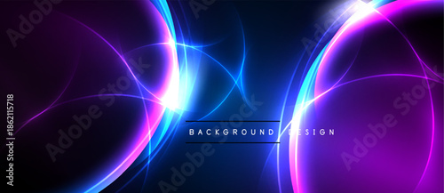 Abstract neon lights, vibrant blue, purple hues. Dynamic curves create futuristic background design. Dark space emphasizes glowing elements.