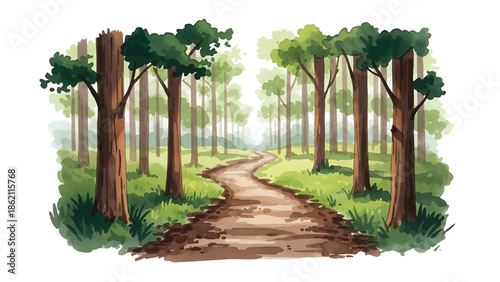 Modern vector watercolor-style nature wallpaper with forest trail leading into distance, inviting woodland landscape background ideal for wall decor and branding