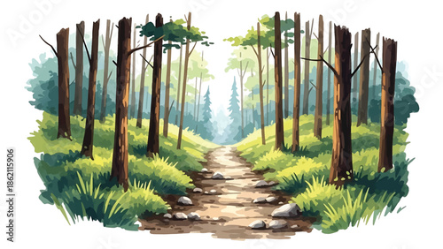 Modern vector watercolor-style nature wallpaper with forest trail leading into distance, inviting woodland landscape background ideal for wall decor and branding