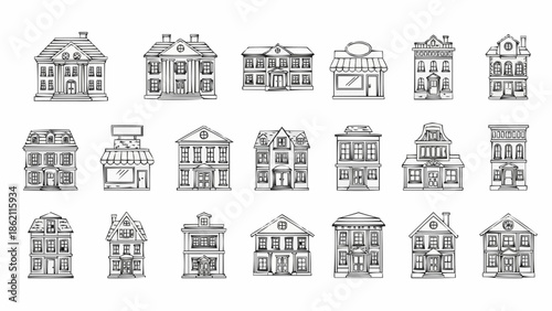 Collection of Hand Drawn Architectural Building Facades in Sketch Style.