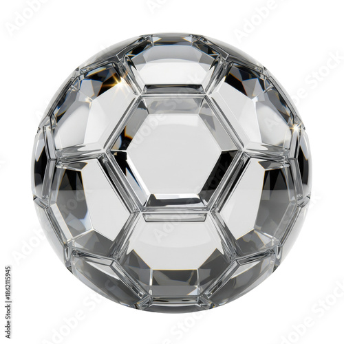 A flawless, hyperrealistic crystal soccer ball, isolated on a transparent background, showcasing refractive light and high-key specular highlights. concept of luxury sporting achievement and precision