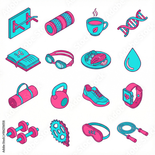 fitness and wellness isometric icon set vector