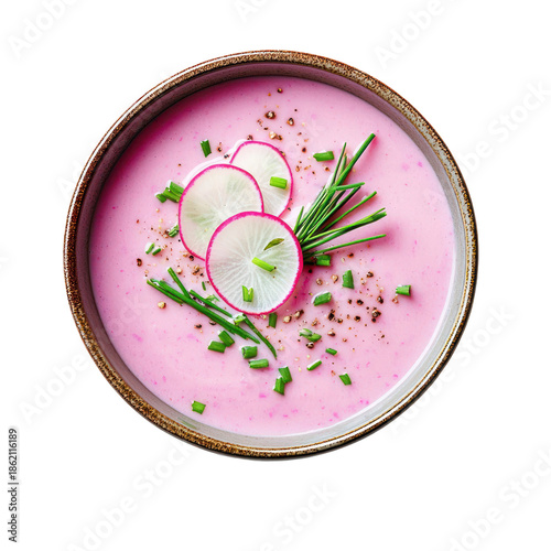 Pink Soup In A Bowl Garnished With Radish Slices Green Chives And Pepper On Transparent Background