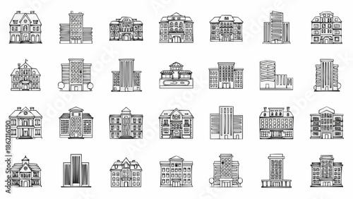 Collection of Diverse Architectural Building Styles Line Art Illustrations.