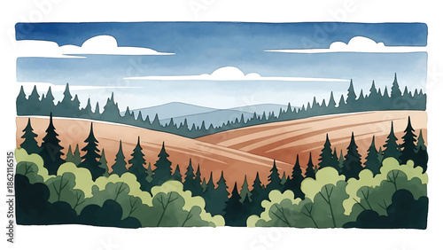 Modern vector watercolor-style nature wallpaper combining forest, hills, and sky in harmonious composition, balanced landscape background for wallpaper and decor