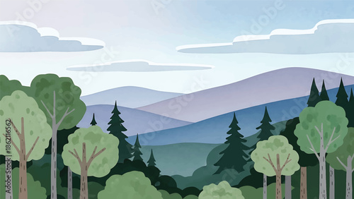 Modern vector watercolor-style nature wallpaper combining forest, hills, and sky in harmonious composition, balanced landscape background for wallpaper and decor