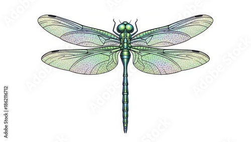 Detailed illustration of a vibrant green dragonfly.