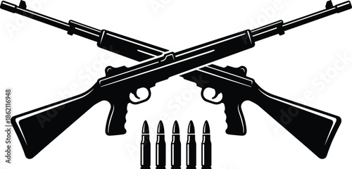 Crossed rifles silhouette with ammunition bullets, military weapon icon isolated on white background illustration vector design concept art graphic symbol