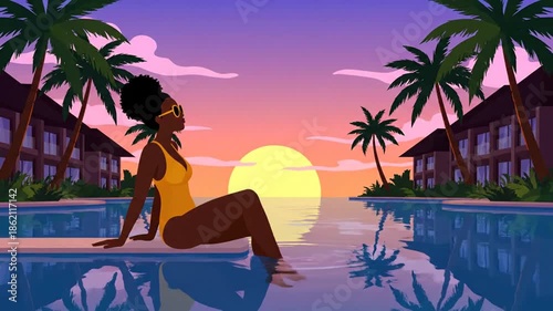 Woman relaxing at poolside with tropical landscape