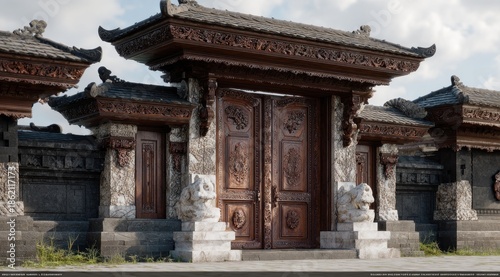 Ornate wooden gate and wall structure in architectural design daylight scene