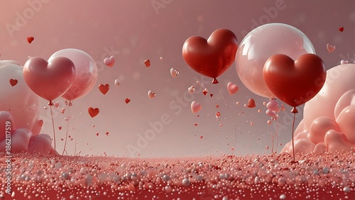 A vibrant red heart shaped balloon floats over a romantic water surface with bubbles, creating a happy Valentine holiday illustration and pink celebration wallpaper design for a wedding card