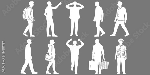 White Silhouettes of People Engaging in Everyday Activities Like Walking Shopping and Commuting on a Gray Background