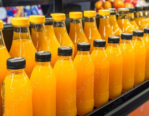 Rows of Freshly Bottled Orange Juice in a Supermarket Display.
