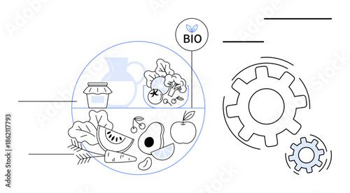 Organic food, eco-friendly living, agriculture, sustainability, healthy nutrition, bio innovation. Fresh organic produce inside a circle with gears innovation. Organic food and eco-friendly living